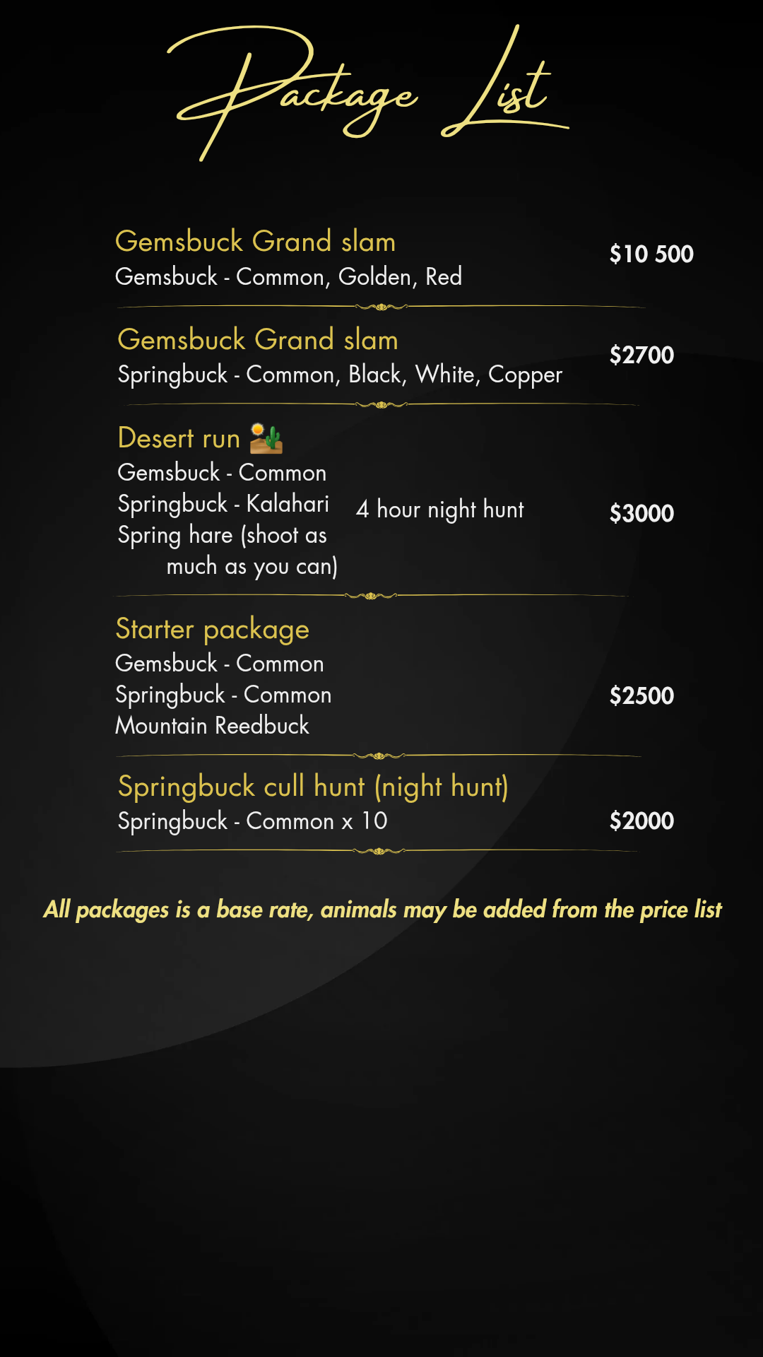 Royal Gemsbuck Safaris 2027 Price List Page 2